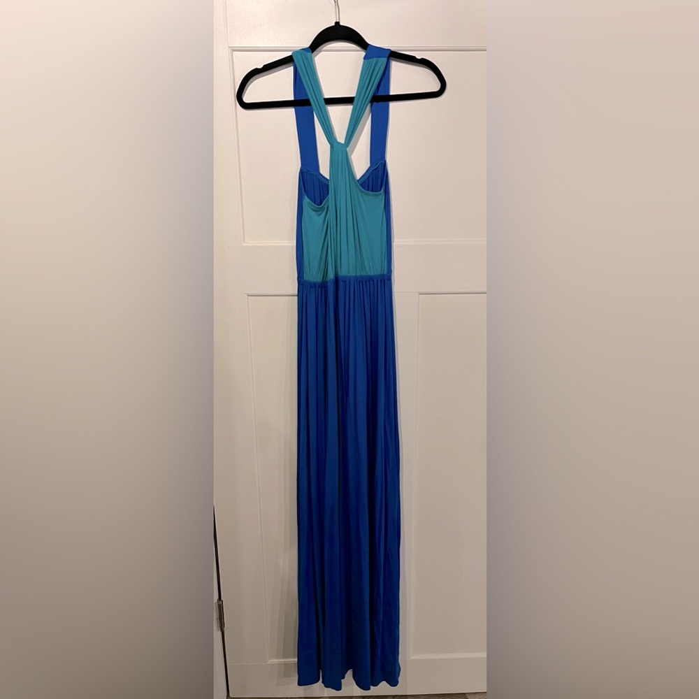 3/$10 Voyage Mediterranee Collection Mykonos Blue and Teal Cross Neck Maxi Dress